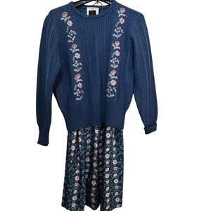 Vintage Susan Bristol Sweater & Skirt Set Floral Embroidered Blue Size 10